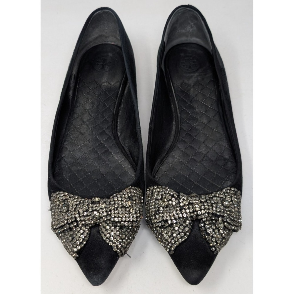 Tory Burch Esme Crystal Rhinestone Bow Flats Black Suede Women's‎ Size 9 M Shoes